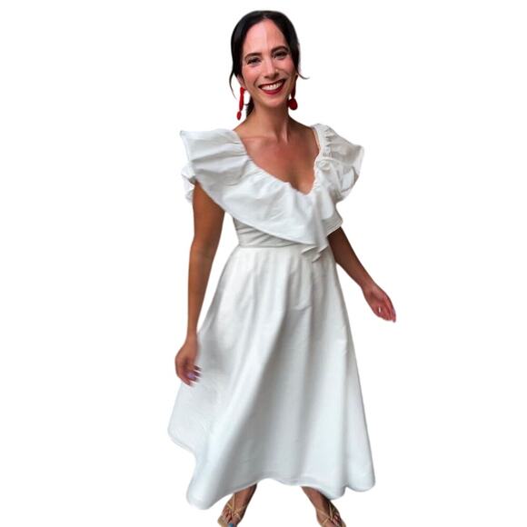 ADAM LIPPES White 100% Cotton Hourglass Cap Sleeves Eyelet Ruffle Dress Size 10 - Picture 1 of 9